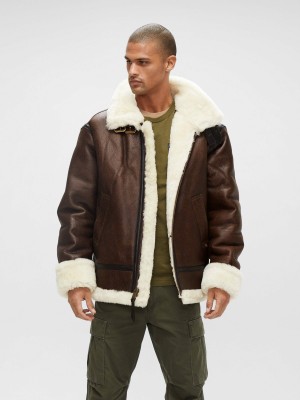 Men's Alpha Industries B-3 Sherpa Leather Bomber Jackets Brown | OSPNKA908