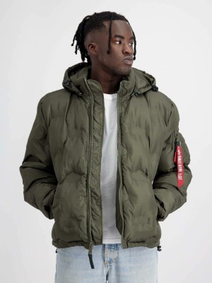 Men's Alpha Industries Hooded Logo Puffer Outerwear Dark Olive | GSHWDB413