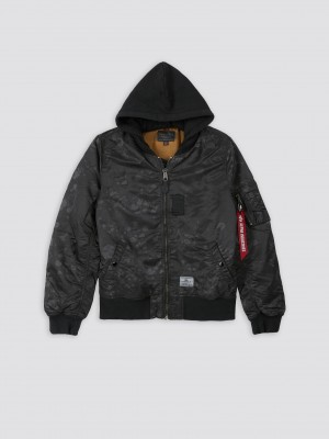 Men's Alpha Industries Ma-1 Hooded Battlewash Bomber Jackets Outerwear Black Camo | HKDGZO320