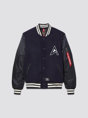 Men's Alpha Industries Ma-1 Wool Varsity Jacket Outerwear Blue | ZMVLHS315