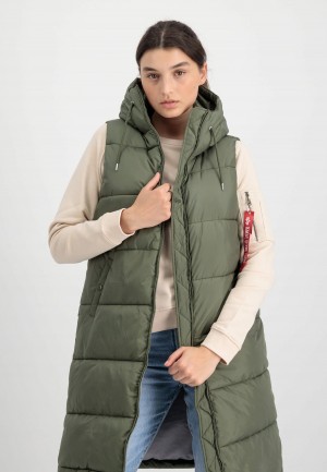 Women's Alpha Industries Long Puffer Vest W Outerwear Olive | UWBHOA308