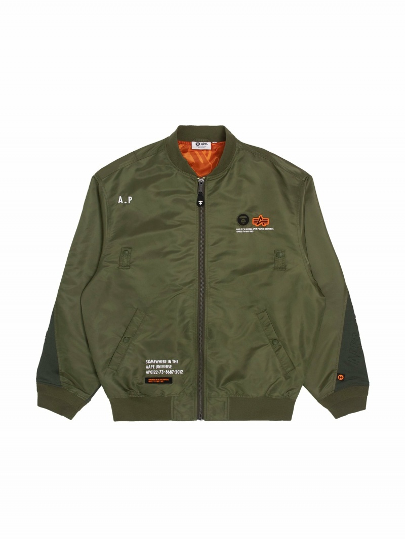 Men\'s Alpha Industries Aape X Alpha Ma-1 Lightweight Jacket Bomber Jackets Olive | OPYRQE315