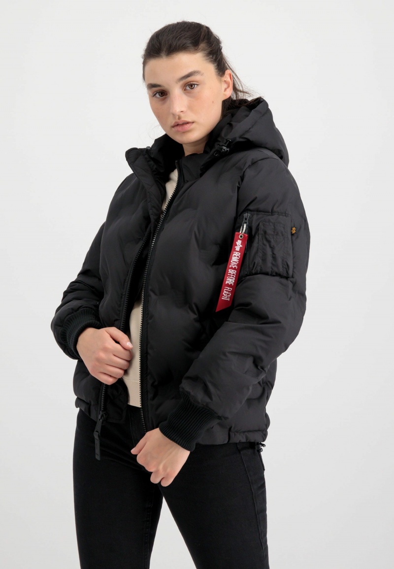 Women\'s Alpha Industries Hooded Logo Puffer W Outerwear Black | JMKUWA089